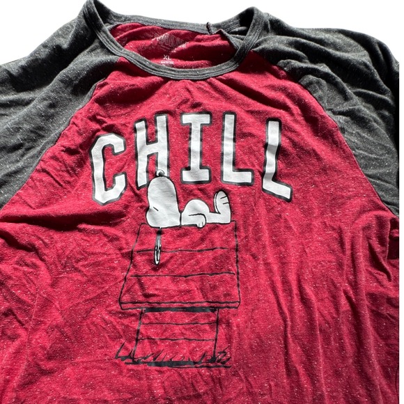 Peanuts Snoopy Chill Graphic Raglan Long Sleeve Shirt Red Grey XL - Picture 2 of 4